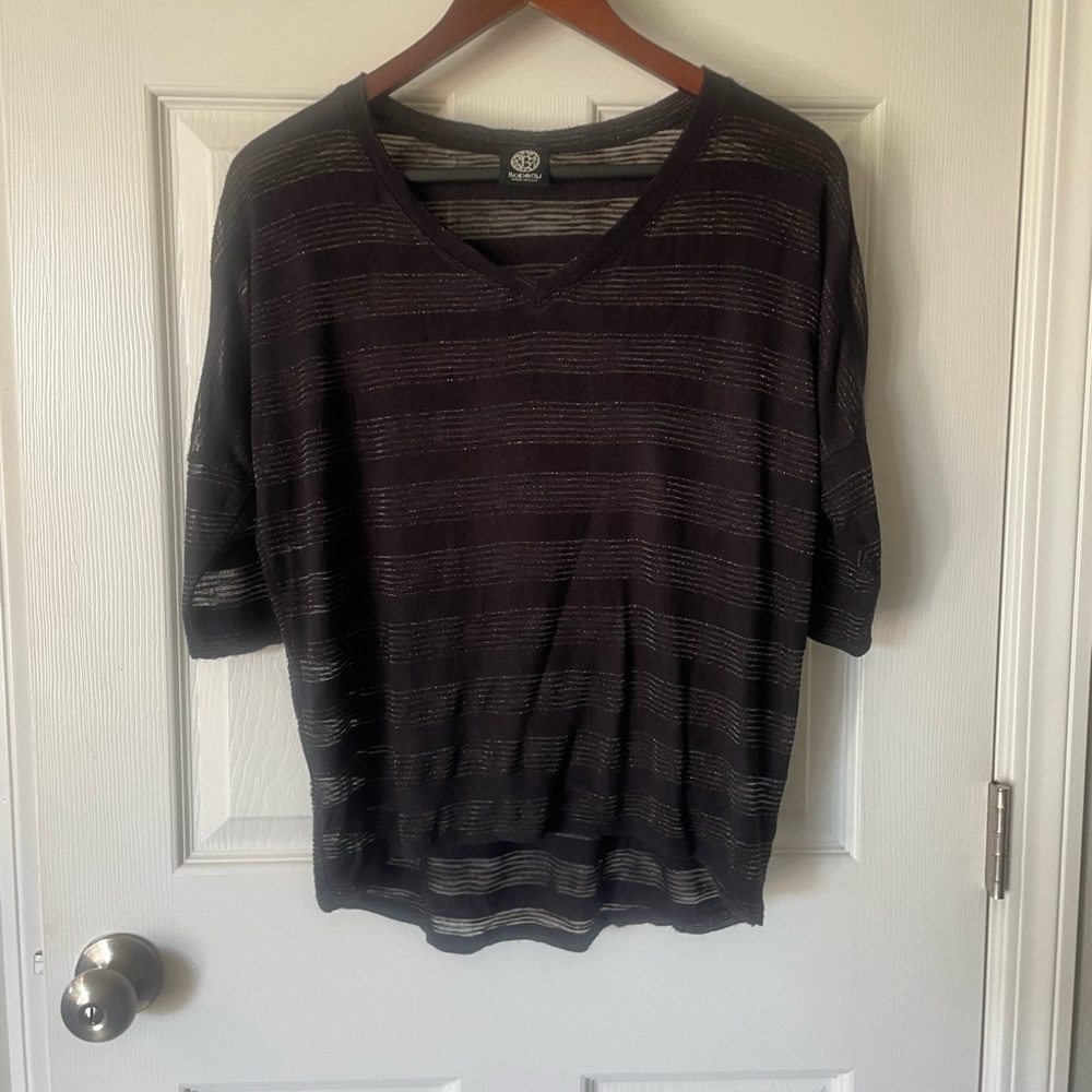 Bobeau Charcoal and Cream Striped V-Neck Top Size Small